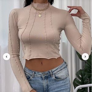 Mock Neck Lettuce Trim Crop Sweater